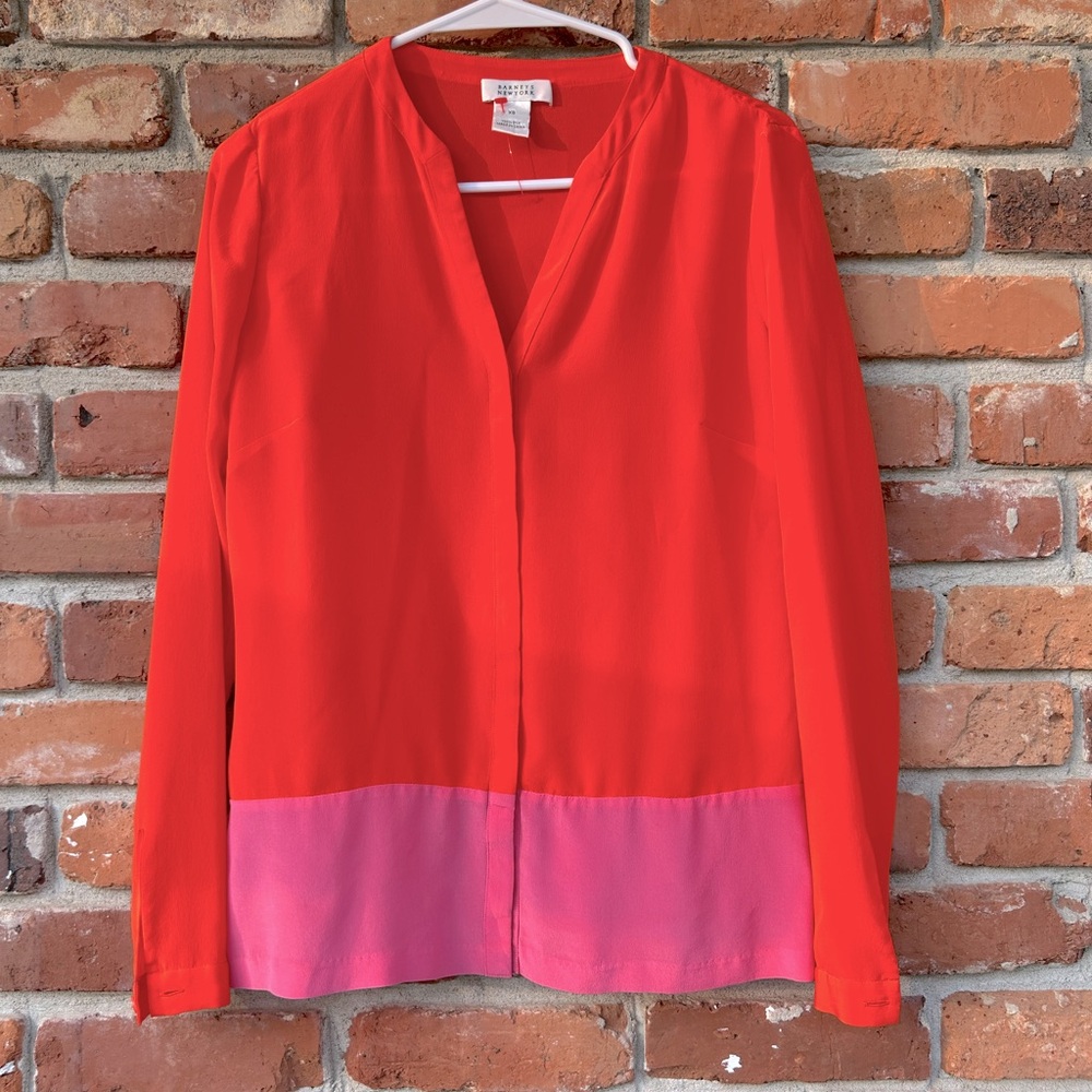 Barney’s New York Bright Colorblock Orange and Pink Women's 100% Silk Blouse XS
